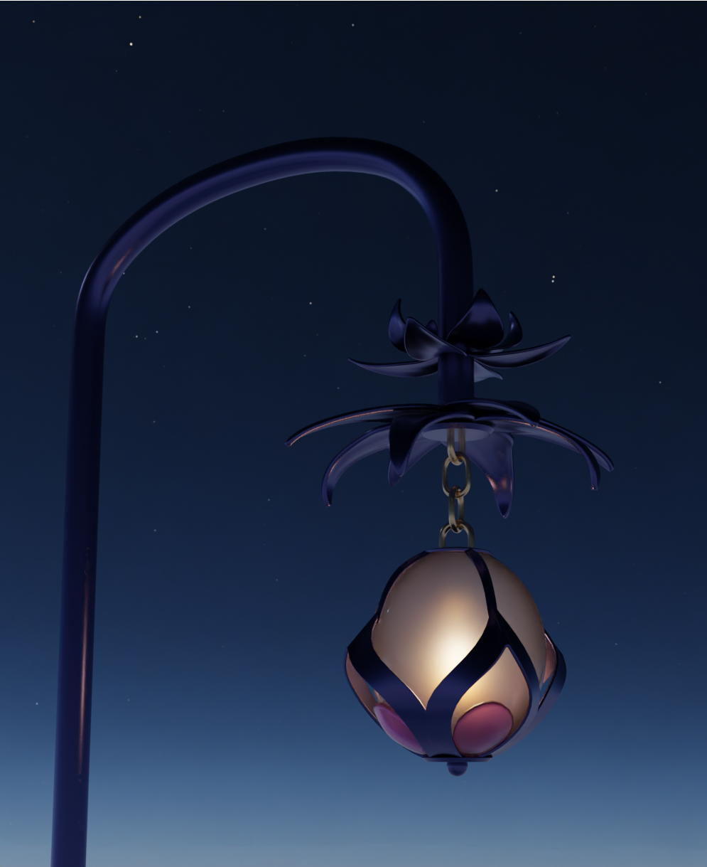 A 3D render of a lantern hanging from a pole at night